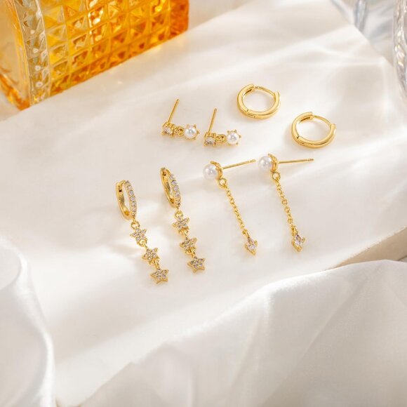 Dainty 14K Gold Plated 4 pearl chain set-GD Hoops Trendy Earring Set for Women - Picture 6 of 7